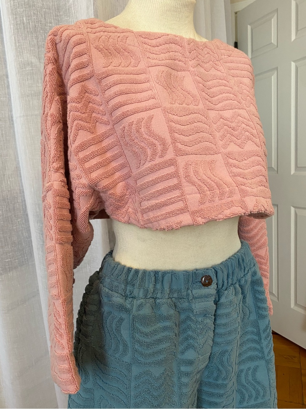 LUCY FOLK Cropped Textured Terry Top Powder Pink Pool Beach Lounge